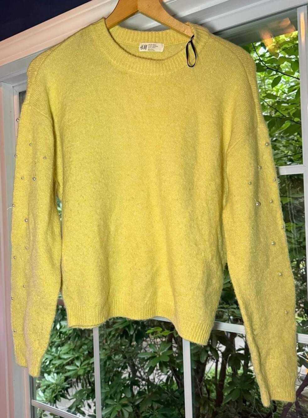 H&M Yellow Crewneck Knit Sweater with Pearl Embellishments